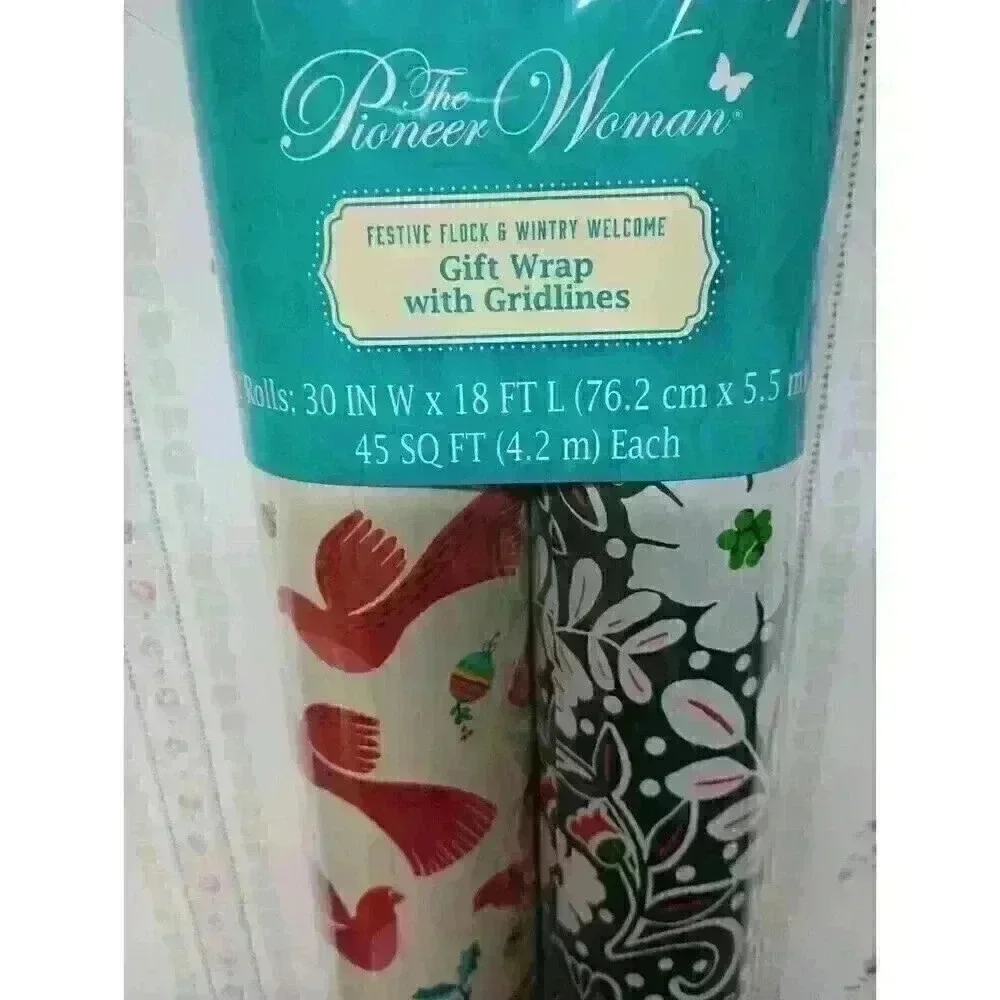 Pioneer Woman Wrapping Paper 2 Rolls Red Bird's & Floral 45SqFt Each Christmas